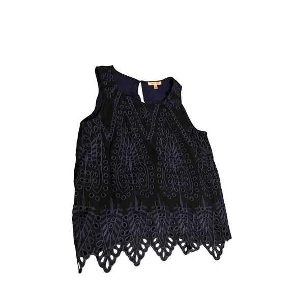 Skies Are Blue Black Navy Eyelet Embroidered Sleeveless Top Scalloped Hem M - Picture 1 of 7